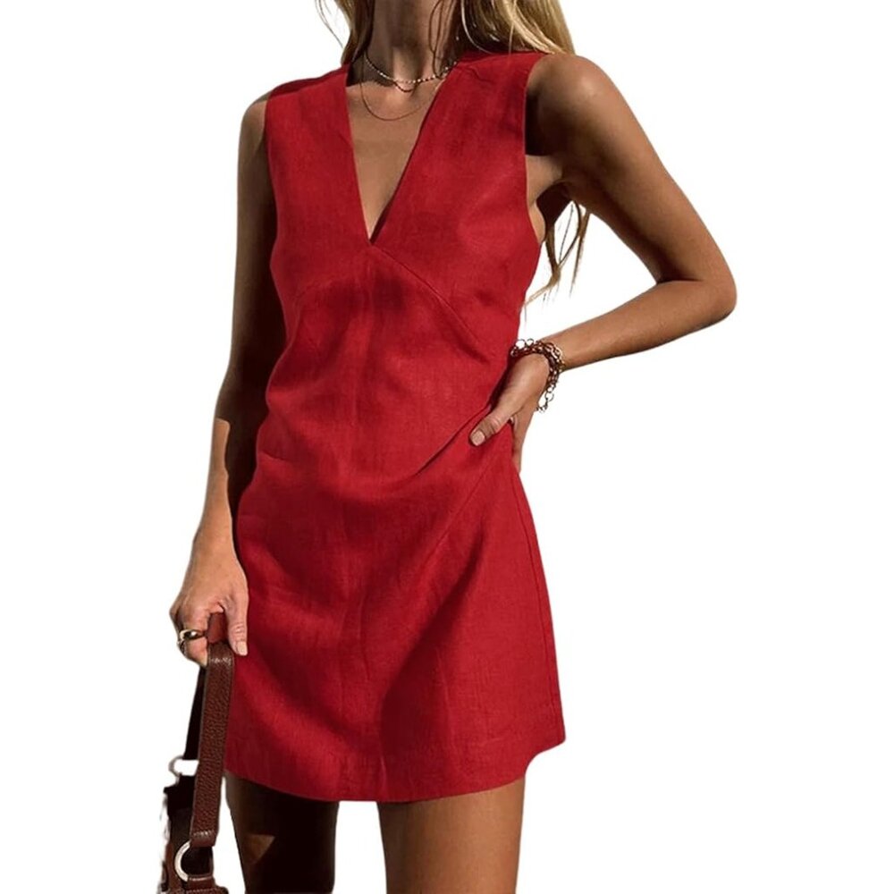 Women's Summer Sleeveless Mini Dress V Neck Cinched A Line Slim Tank Short Dress